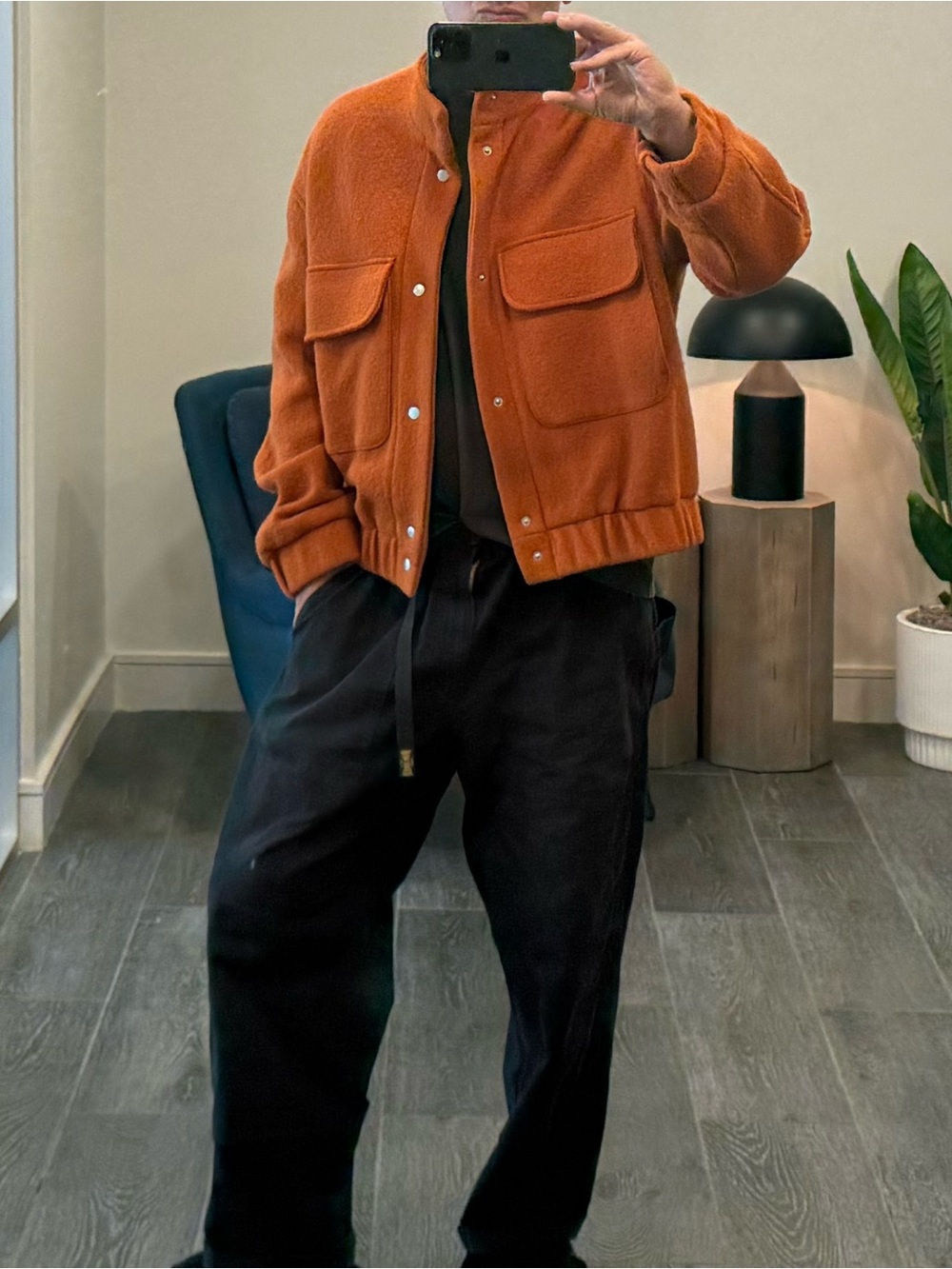 Zara Men’s Bouclé Textured Wool-Blend Bomber Jacket – Burnt Orange – Like New.